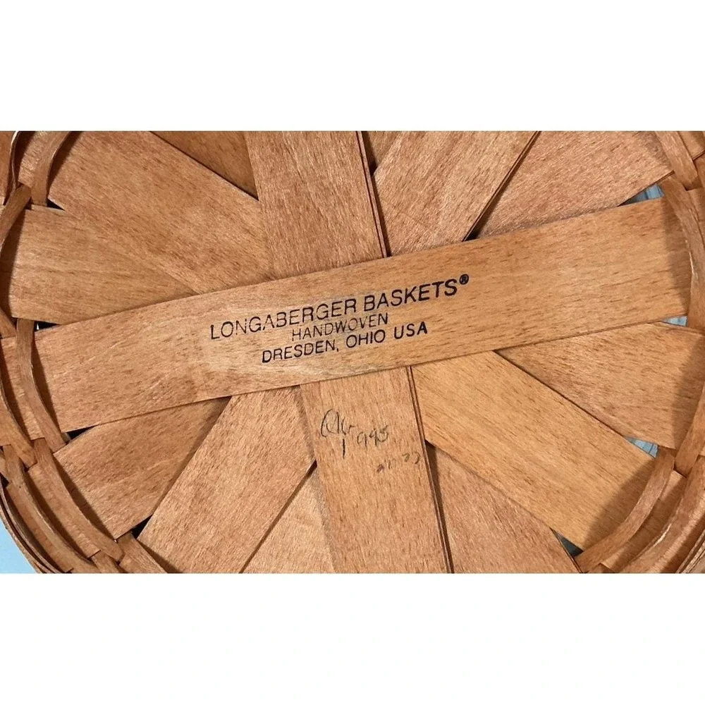 Longaberger Round Darning Basket Leather Handles Plastic Protector Signed 1995